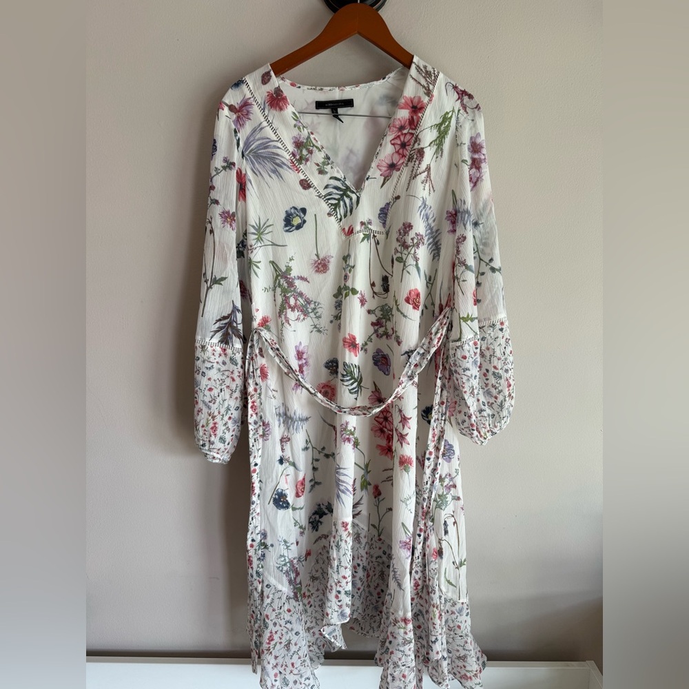 BCBGMAXAZRIA Women White Floral V-Neck Long Sleeve Midi Dress Size 4